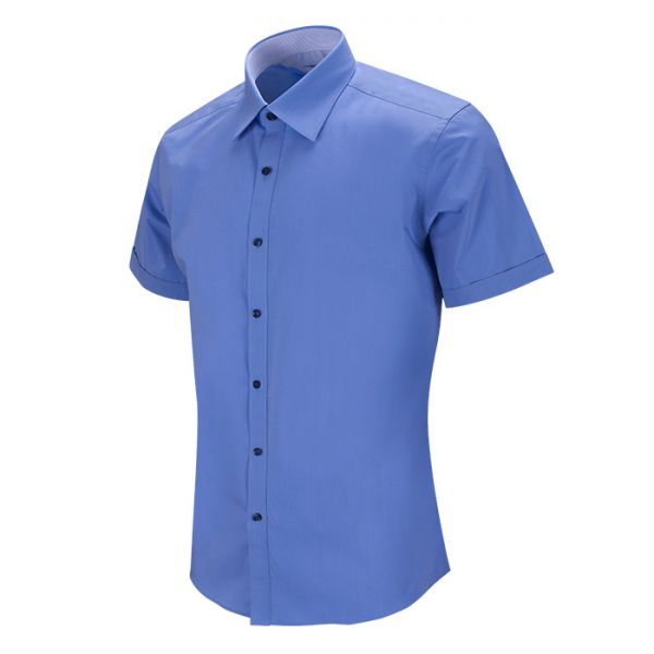 블루 배색 카라 슬림 스판 반팔셔츠_RF2073 긴팔와이셔츠 긴팔셔츠 드레스셔츠 와이셔츠 남자셔츠 체크패턴셔츠 정장셔츠 체크셔츠 출근룩 블루셔츠