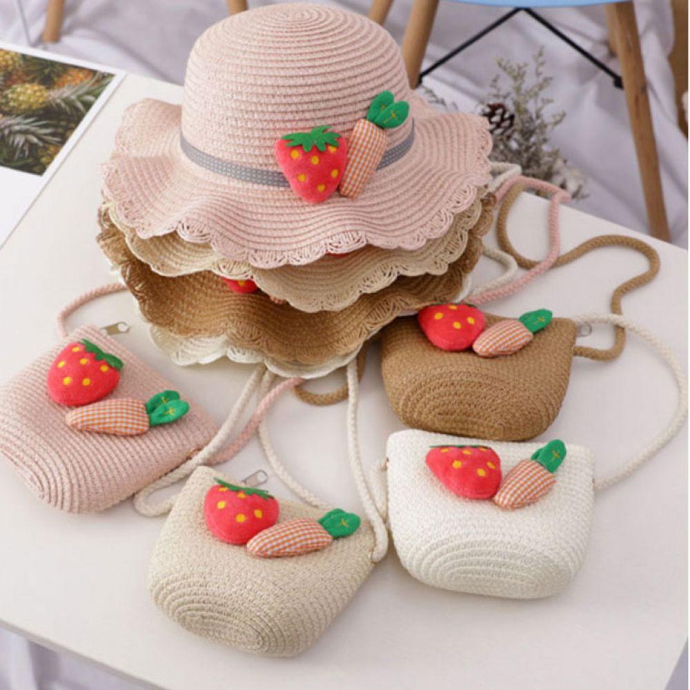 딸기 와펜 왕골 모자 가방 왕골모자 밀짚모자 여름모자 썬캡 페도라