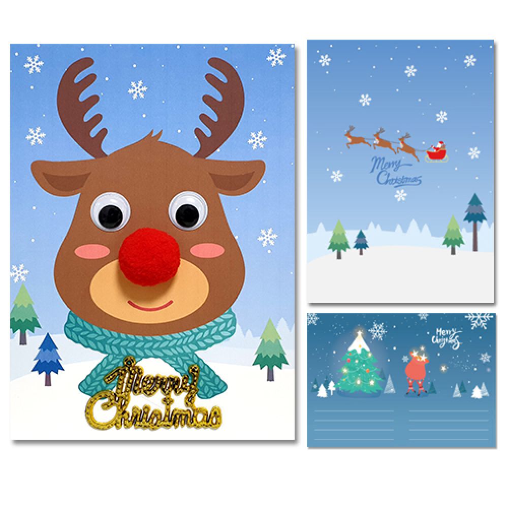 (만들기재료)빨간코 루돌프 크리스마스 카드만들기 카드만들기 크리스마스 메리크리스마스 루돌프 모자쓴루돌프 루돌프카드 겨울